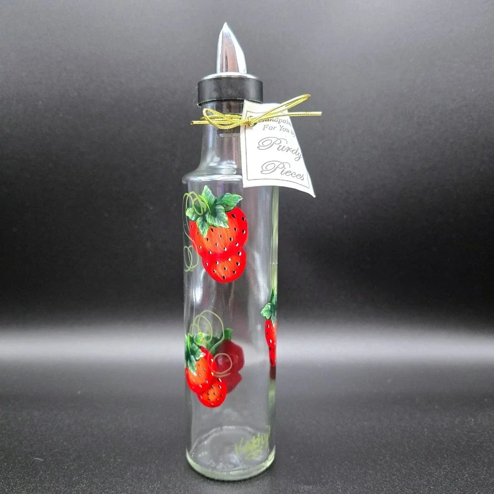 Purdy Pieces Handpainted Strawberry Glass Oil Vinegar Cruet Set Italy Spill-Stop